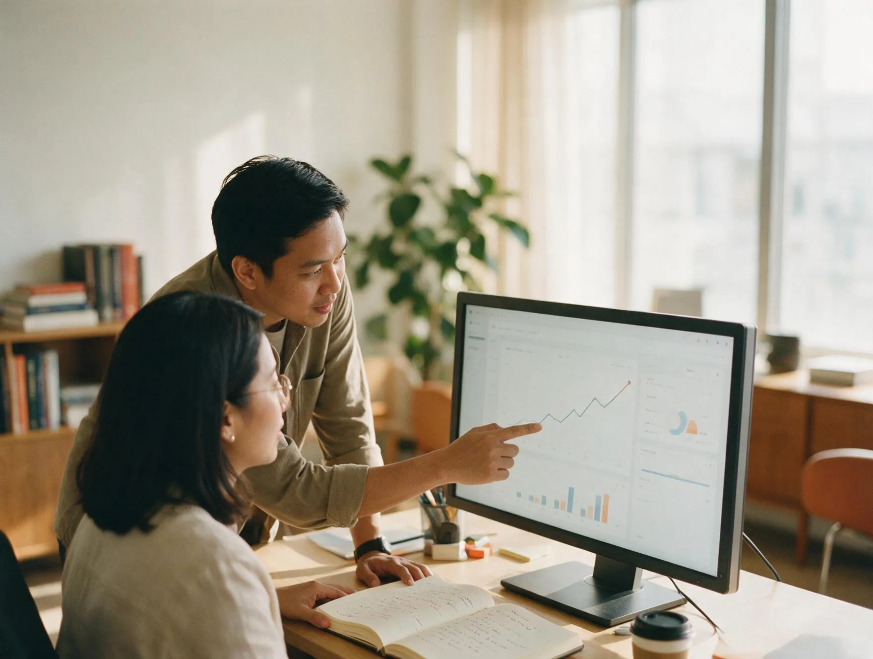 Two marketers reviewing campaign performance on a monitor