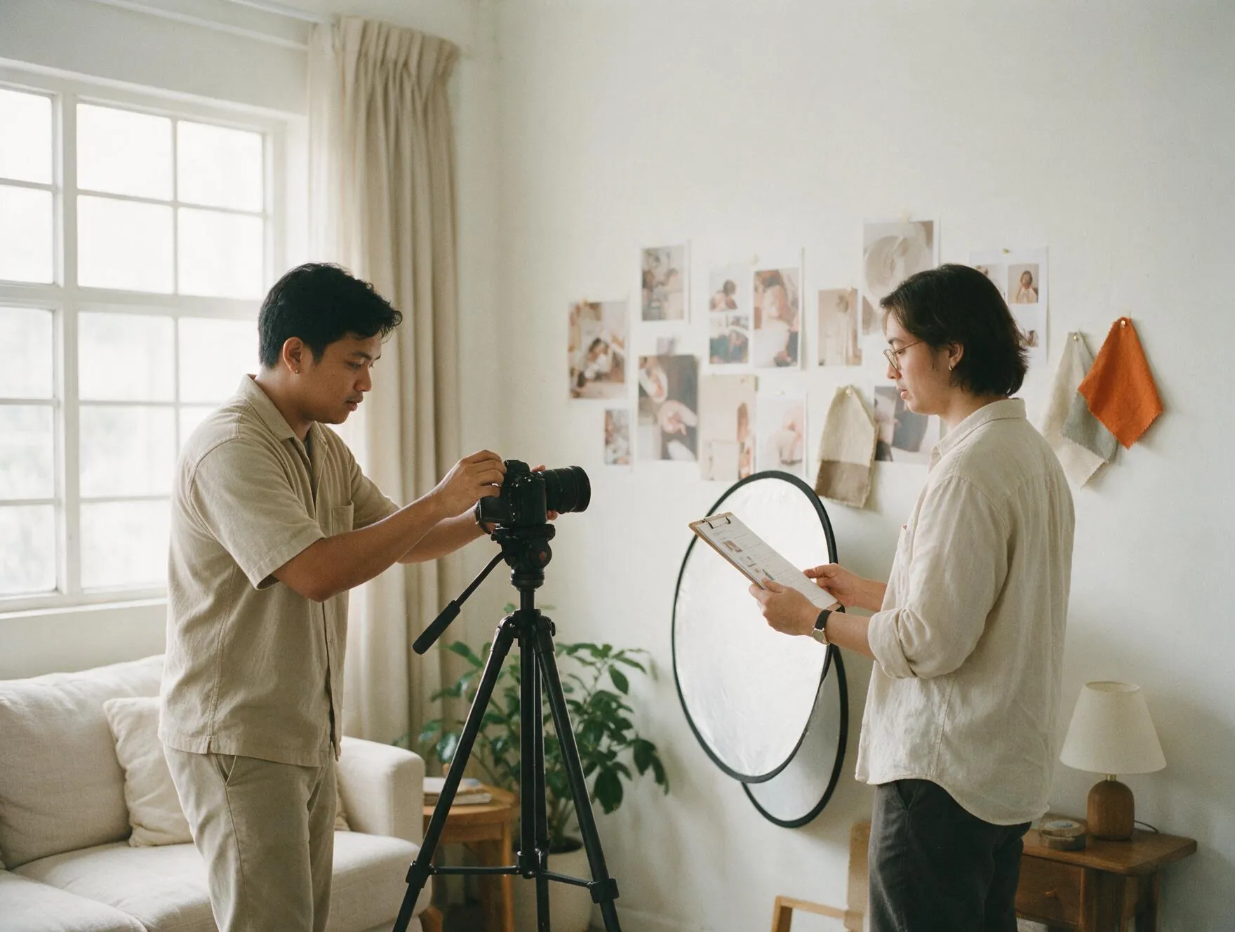 A creative team setting up a camera and reviewing a shot list in a studio