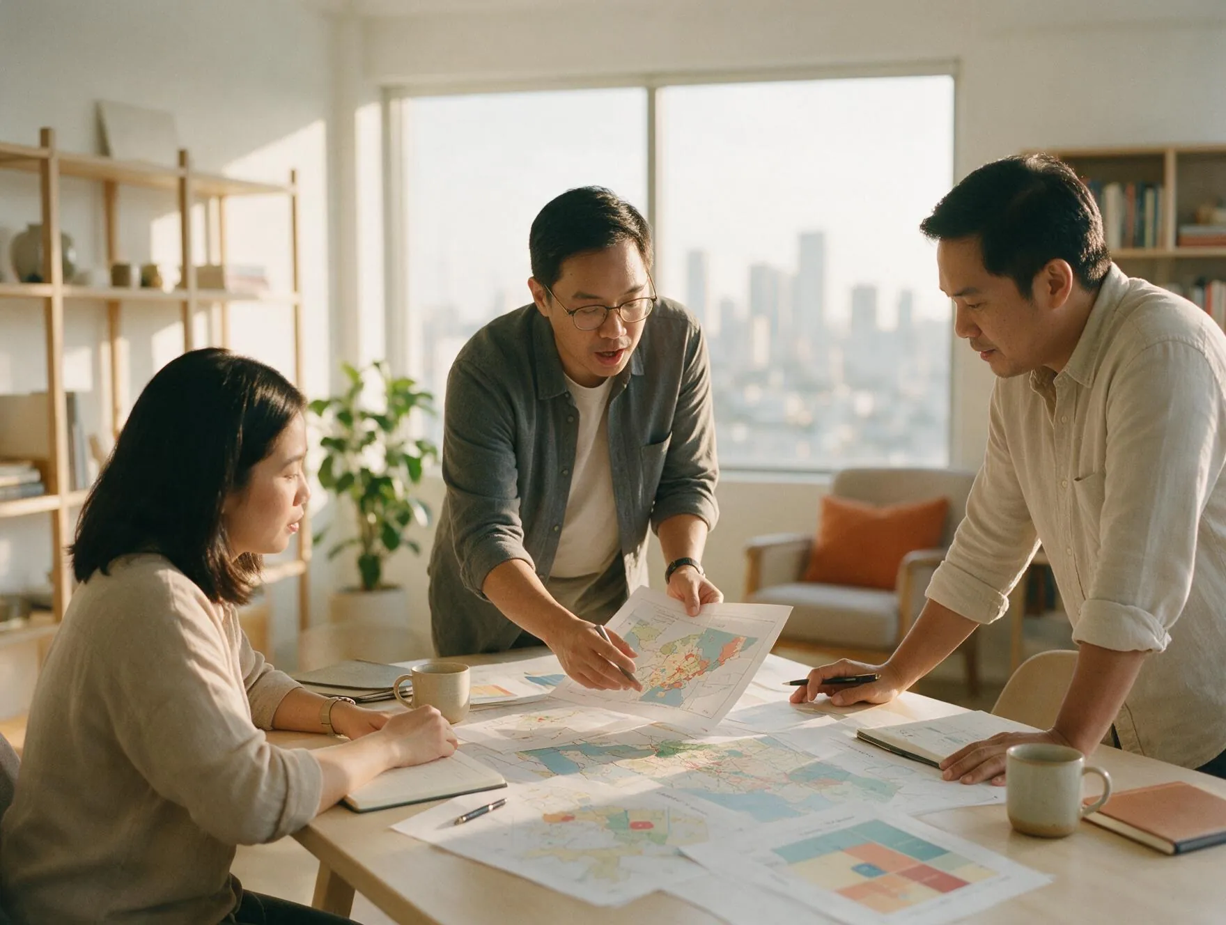 A strategy session with printed market maps spread across a table