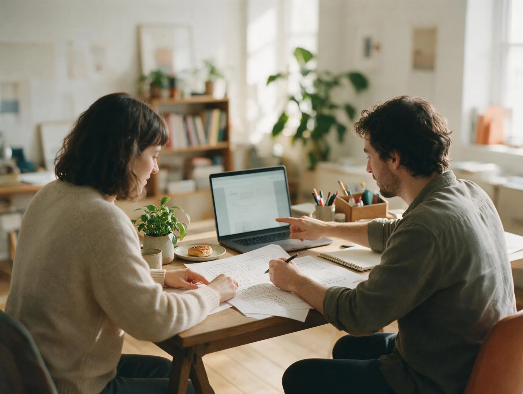 A designer and a developer reviewing a website layout together at a desk